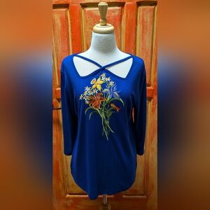 Bob Mackie Wearable Art Embroidered Vibrant Floral Bouquet Tunic Top Size S